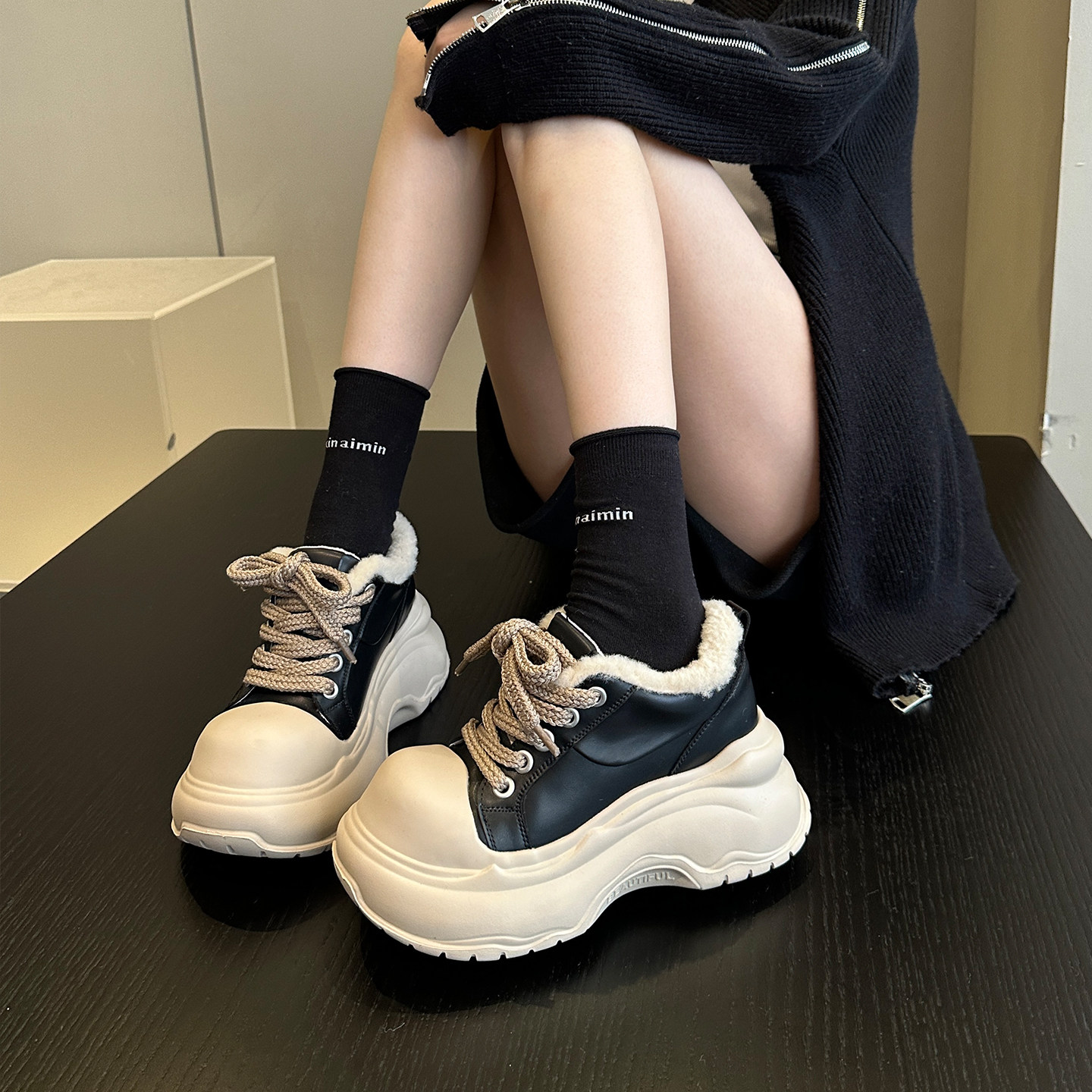 冬季加绒毛毛鞋日系甜酷真皮配阔腿裤厚底大头老爹鞋女鞋板鞋棉鞋,淘宝优惠券,粉丝福利购,淘宝优惠卷