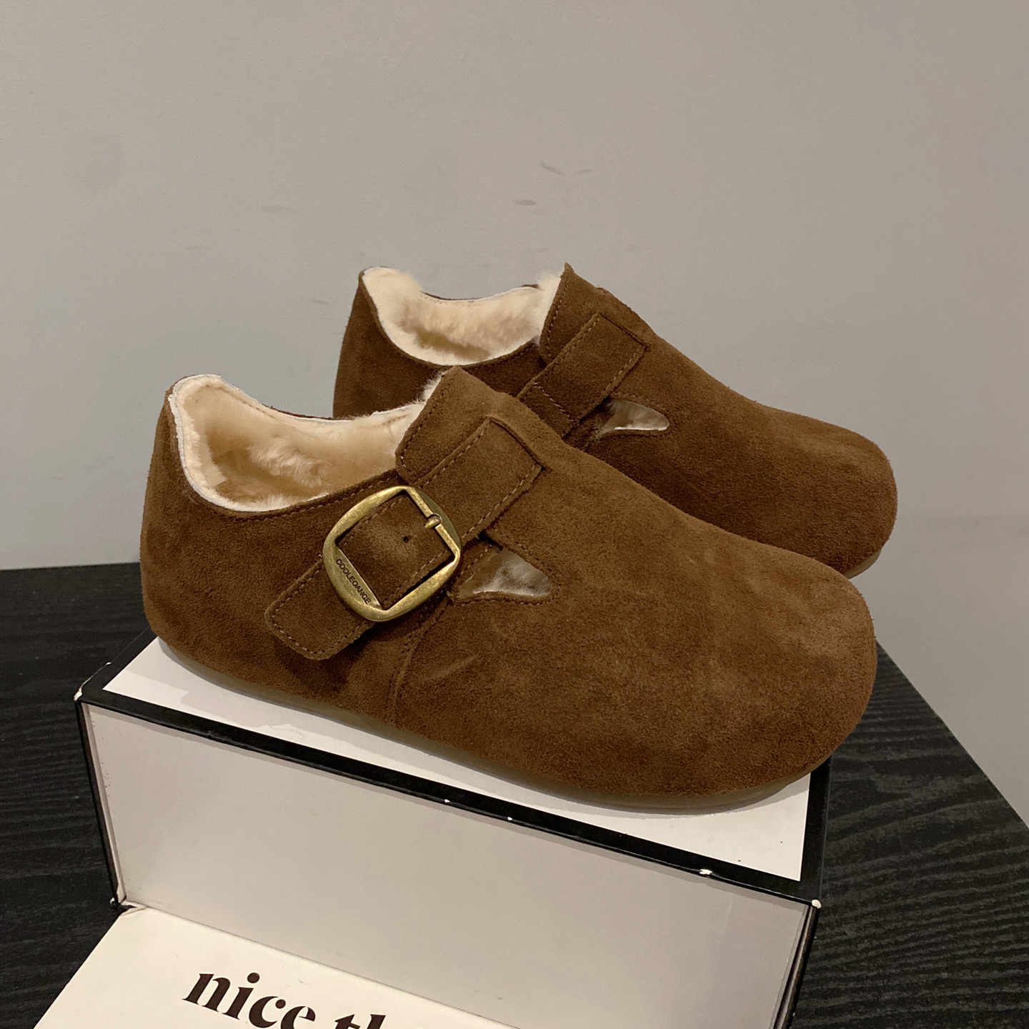 2025年新款磨砂牛皮内增高加厚保暖勃肯鞋女皮带扣复古圆头毛毛鞋,淘宝优惠券,粉丝福利购,淘宝优惠卷