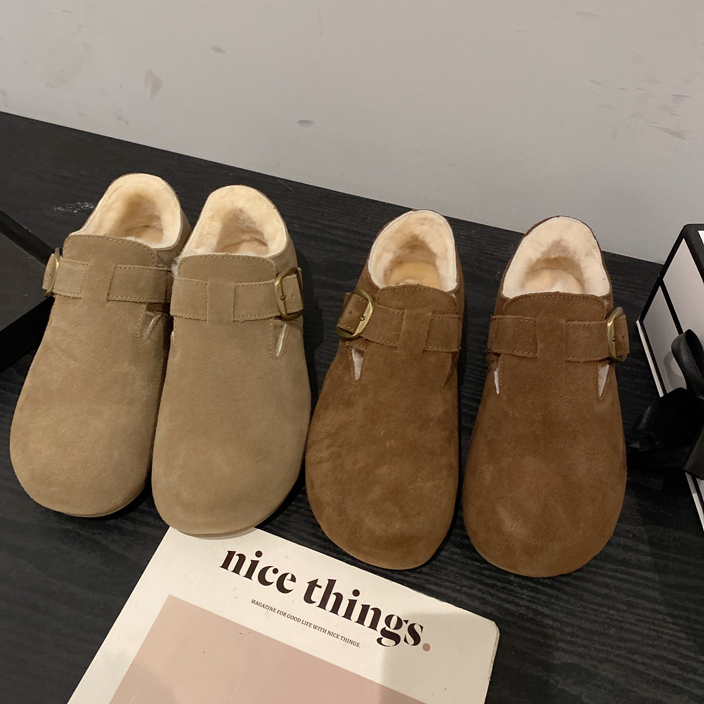 2025年新款磨砂牛皮内增高加厚保暖勃肯鞋女皮带扣复古圆头毛毛鞋,淘宝优惠券,粉丝福利购,淘宝优惠卷