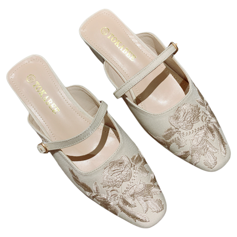 新中式国风包头半拖鞋女外穿2025年夏季新款刺绣布面中跟休闲凉拖,淘宝优惠券,粉丝福利购,淘宝优惠卷