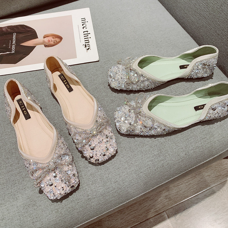 仙女风水钻蝴蝶结软底豆豆鞋女2025年新款水钻面浅口方头平底单鞋,淘宝优惠券,粉丝福利购,淘宝优惠卷