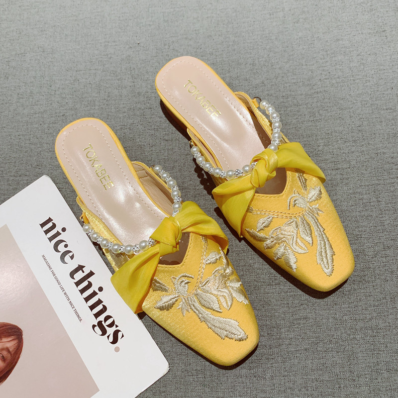 2025年年新款国风刺绣布面低跟包头拖鞋女温柔晚晚珍珠旗袍仙女鞋,淘宝优惠券,粉丝福利购,淘宝优惠卷