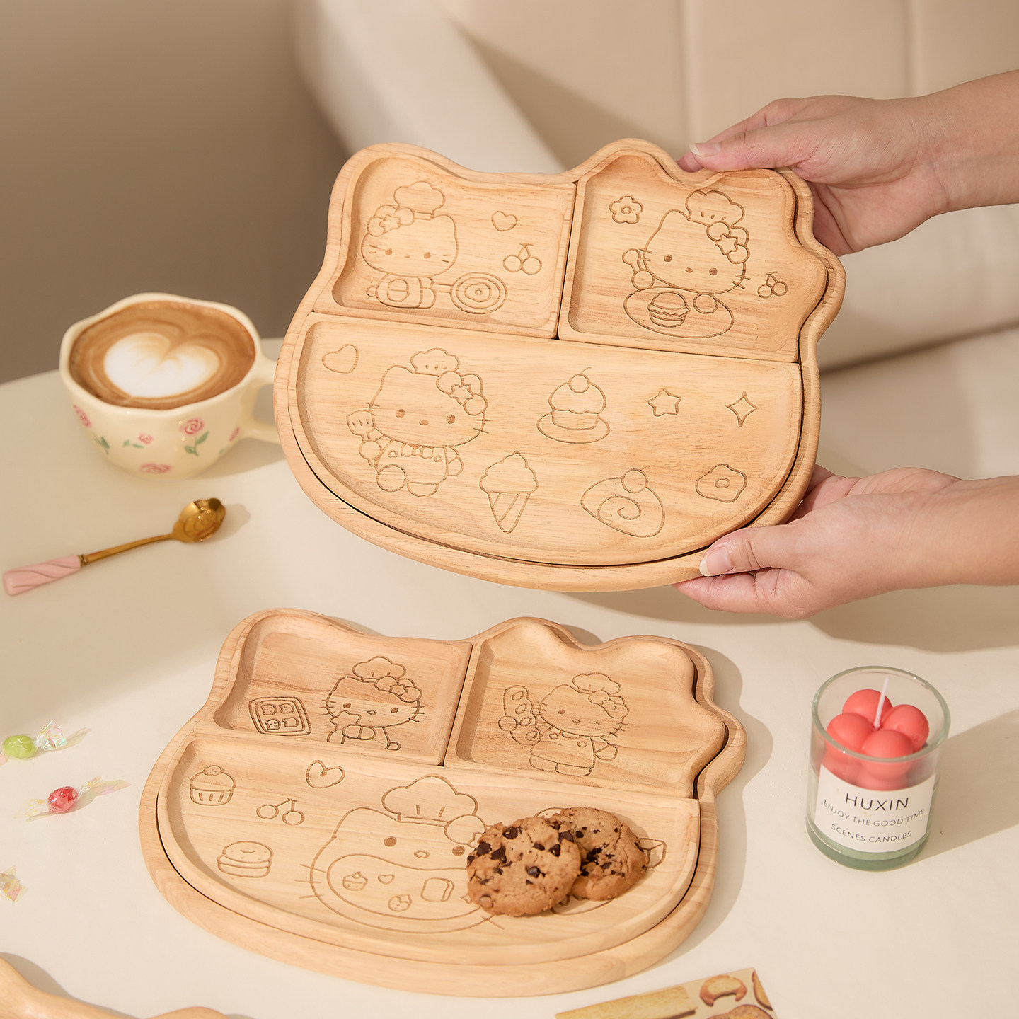 日式猫咪木质面包糕点托盘甜品餐盘茶桌漂亮的分格分区零食点心碟,淘宝优惠券,粉丝福利购,淘宝优惠卷