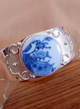 清代青花老瓷镯子925银手工孤品