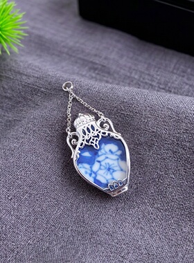 手工925银康熙青花古瓷项坠孤品