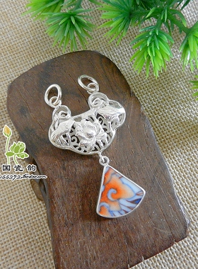 手工925纯银镶嵌 康熙斗彩 御用官窑 古瓷老瓷首饰礼品 小吊项坠