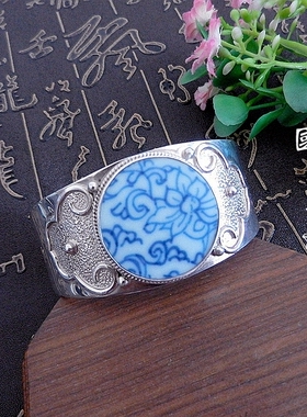 手工925银清代古瓷手镯大气孤品