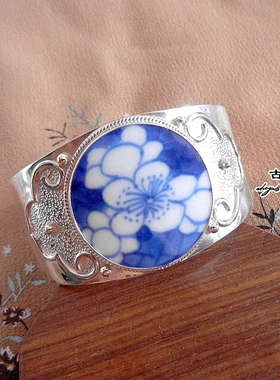 手工925银清代青花老瓷手镯孤品