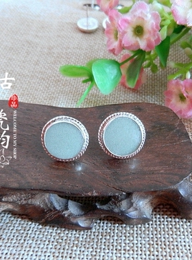 纯手工纯银清代豆青釉古瓷耳钉