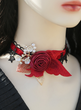 蕾丝choker项链洛丽塔锁骨玫瑰花红色黑色颈链脖子项圈可爱多巴胺