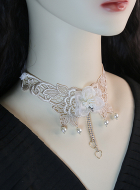 复古米黄花朵镂空锁骨项链颈饰百搭遮盖伤疤颈链领子疤痕蕾丝