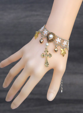 复古欧美白色蕾丝配饰珍珠洛丽塔手链戒指爱心十字架哥特暗黑饰品