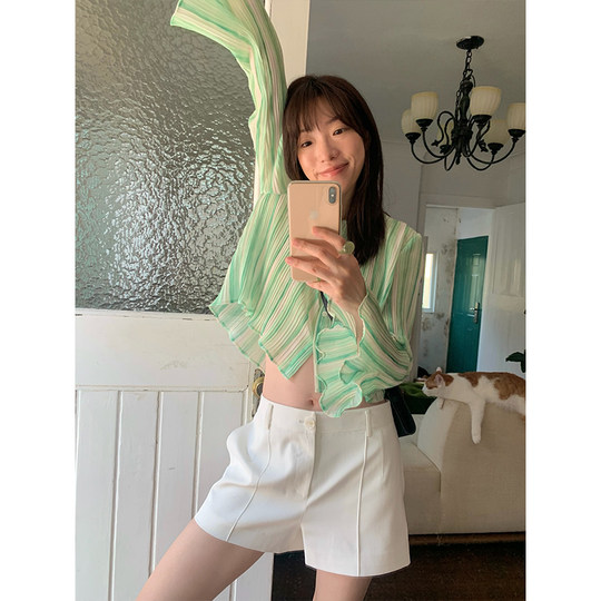 Even Vintage| Compression pleated process vertical strip texture spring and summer fashionable sun protection versatile long-sleeved chiffon top