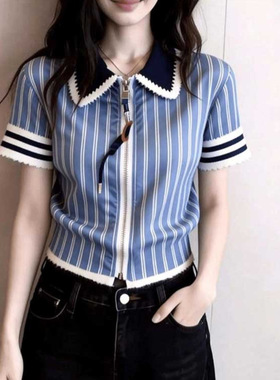 欧货高端定制蓝色条纹大码上衣女夏季新款大气精致感百搭长袖