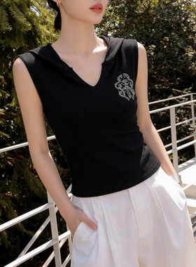 菲媛设计感烫钻蝴蝶V领连帽针织衫女 夏日清凉糖果色百搭无袖上衣
