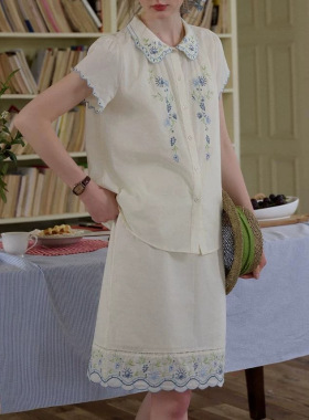 SimpleRetro铃兰花镜 精纺60支棉法式娃娃领彩色割边绣套装裙子