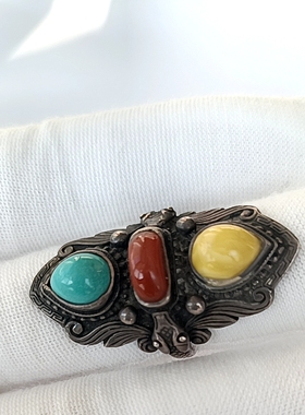 925银原矿绿松石，南红，蜜蜡三色戒指