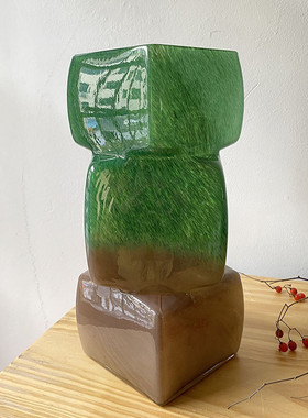 红粉渐变方块新中式中古琉璃花器玻璃花瓶客厅插花水培花器摆件