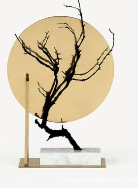 热销民宿圆月金属铜枯树枝工艺品摆件样板房新中式家居客厅桌面装