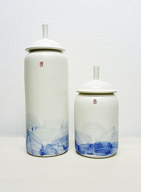 现代简约陶瓷花瓶摆件新中式花器样板房软装带盖饰品花瓶铜饰品