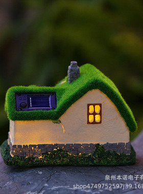 植绒房子摆件美式庭院公园别墅太阳能装饰灯树脂植绒房子园林352