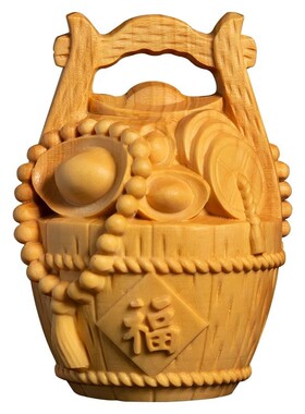 招财黄杨木雕一桶金木制工艺品礼品手把件车载挂件乐清饰品