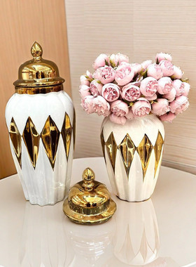 热销储物罐欧式花插陶瓷轻奢电镀将军罐花瓶工艺品摆件玄关软装装