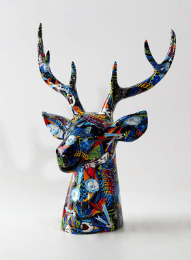 艺术彩色卧室书房客厅现代创意家居树脂工艺品动物大鹿头装饰摆件