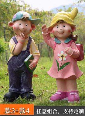 户外卡通人物摆件幼儿园学校景区装饰提灯小孩读书娃娃玻璃钢雕塑