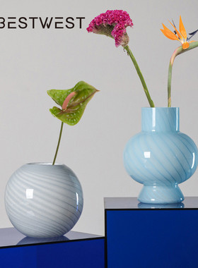 热销博西玻璃蓝色条纹葫芦水培家居花瓶摆件家居软装样板间装饰花