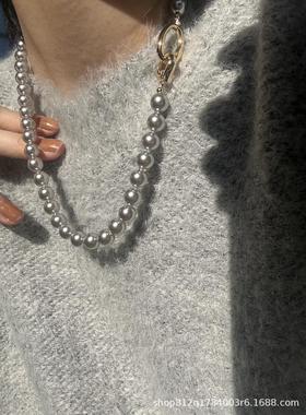 异彩真多麻色银灰施家正圆强光水晶珍珠项链女毛衣链两戴式新款