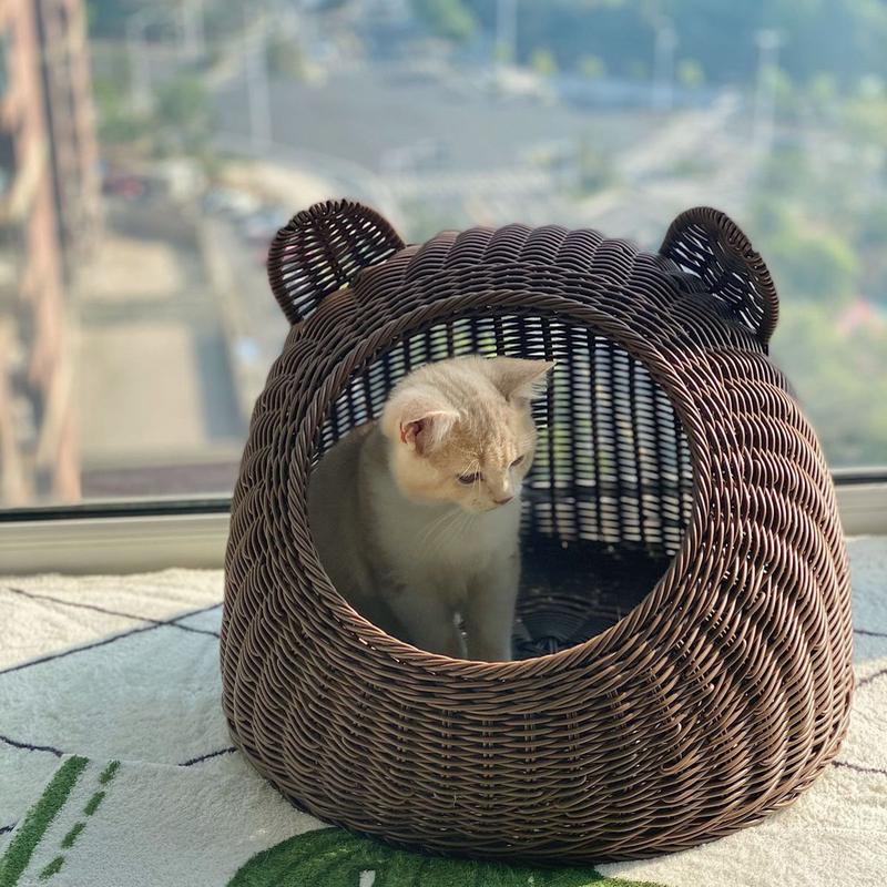 热销仿藤猫窝四季通用半封闭式猫咪宠物窝透气藤编猫窝可水洗夏季 - 图0