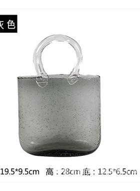 网红摆件包包花瓶透明ins风插花北欧客厅手拎袋养鱼缸玻璃手拎包