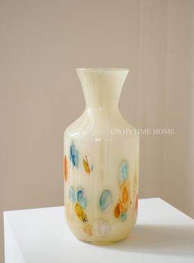 欣可北欧设计高级彩色琉璃奶黄色大口径手工中古风花瓶花器摆件