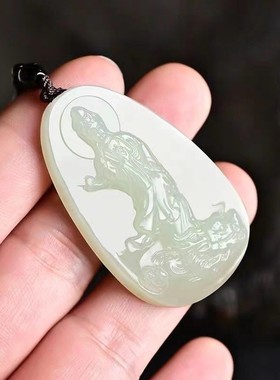 新款阿富汗玉电脑雕刻乘龙观音吊坠白玉挂件玉佩乘龙观音莲花观音