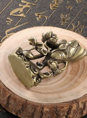 黄铜荷花鲤鱼荷叶摆件实心铜小金鱼香插莲花池塘意境茶宠创意香插