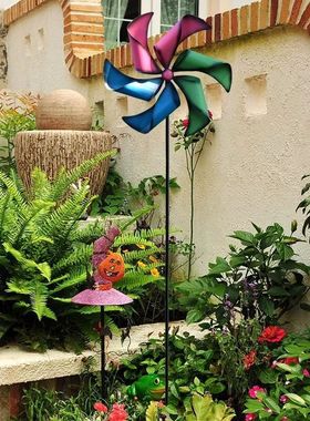 热销56pc铁艺大风车装饰户外旋转七彩彩色工艺品插件别墅花园庭院