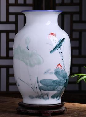 景德镇花瓶瓷器手绘荷花摆件客厅插花新中式家居装饰品瓷瓶摆件