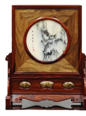 红木屏风摆件红酸枝花梨樱木天然石画台屏中式木雕插屏客厅画框