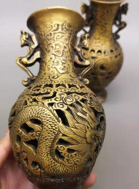 批发收藏一对复古做旧铜器工艺品黄铜龙凤花瓶古玩客厅摆件