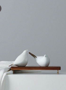 现代简约新中式陶瓷小鸟摆件根雕禅意创意茶几客厅动物装饰品新款