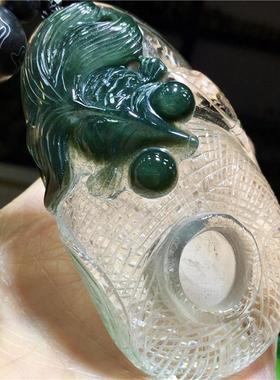 热销东海水晶天然绿幽连年色水晶金鱼鱼篓渔翁得利俏有余手把件