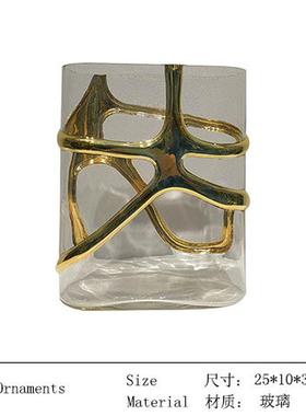 现代简约轻奢金色银色玻璃扁形流线花器花瓶样板房客厅软装饰品