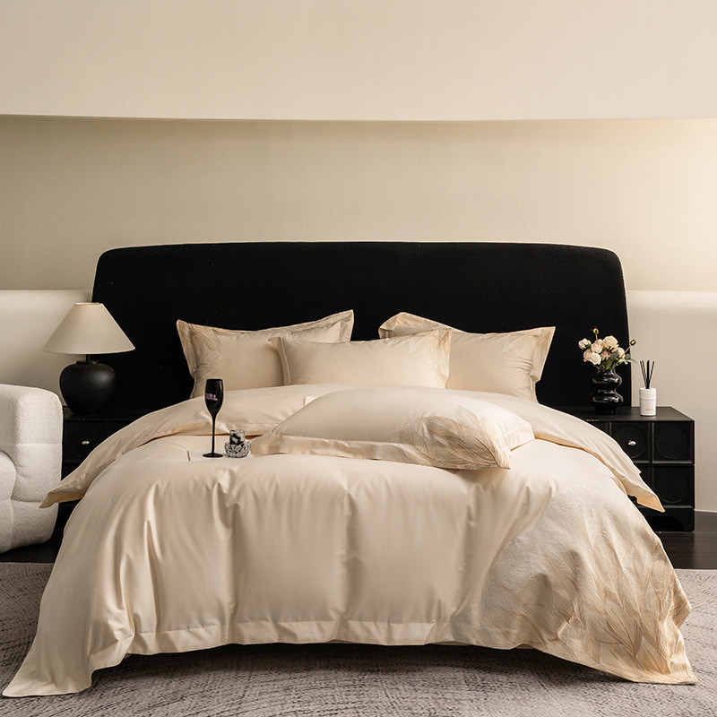 高级感轻奢风100s全棉长绒棉四件套羽毛刺绣主卧四季床单被套床品 - 图1