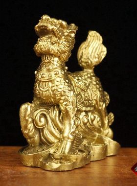 纯黄铜小金装饰品摆件麒麟摆件铜麒麟摆设礼品家居工艺品钱批发