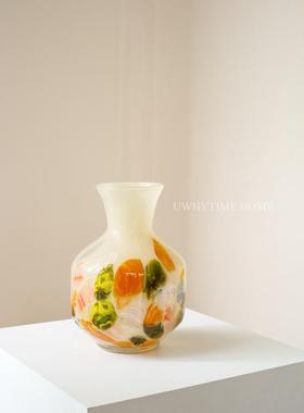 欣可北欧设计高级中琉璃奶黄色大口径手工彩色古风花瓶花器摆件