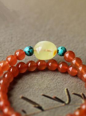 凉山南红多圈5/6mm手链DIY女款搭配蜜蜡随形单珠绿松石隔珠手串