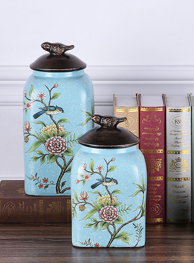 美式乡村花鸟陶瓷花瓶储物罐家居软装饰品客厅玄关酒柜样板房摆件