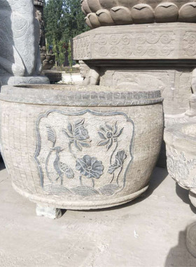 热销石缸养庭院石雕石盆鱼缸鱼缸圆形花园装饰石雕流水盆石缸