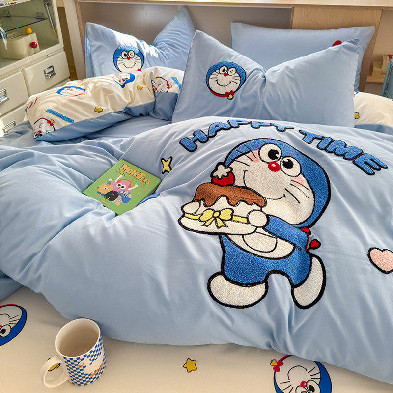 ins卡通水洗棉刺绣四件套儿童宿舍床单三件套猫kt少女心床笠被套4,淘宝优惠券,粉丝福利购,淘宝优惠卷